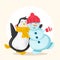 Funny snowman in a red hat and penguin in yellow scarf standing together