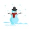 Funny snowman in a red scarf and hat, falling snowflakes, snowdrifts. Vector illustration. White background.