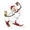 Funny Snowman skiing. Cute winter holiday. The character with a smartphone takes a selfie. Hand drawn doodle