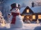 a funny snowman wearing hat and scarf standing in the backyard of the idyllic house.