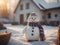 a funny snowman wearing hat and scarf standing in the backyard of the idyllic house.