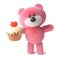 Funny soft pink fluffy teddy bear character eating a delicious cupcake with a red heart jelly, 3d illustration