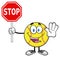 Funny Softball Cartoon Mascot Character Gesturing And Holding A Stop Sign