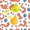 Funny soil worms seamless pattern. Cute cartoon characters with fruits. Garden dwellers. Waste eaters. Earthworms with