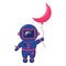 Funny spaceman fly with moon like a balloon. Funny cosmonaut.