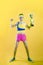 Funny sportsman holding a trophy on colorful background.