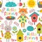 Funny spring seamless pattern with cute animals