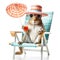 Funny squirrel wearing colorful summer hat and stylish sunglasses, holding glass with drink on beach chair isolated over white.