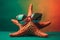 Funny starfish wearing sunglasses in studio with a colorful and bright background. Generative AI