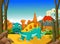 Funny stegosaurus cartoon with volcano landscape background