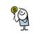 Funny stickfigure cartoon boy holds a balloon with bitcoin sign.
