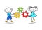 Funny stickman boy and girl holding gears. Cartoon figures cooperation for successful task solution.
