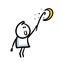 Funny stickman character trying to reach out the moon with long stick and hook.