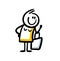 Funny stickman female character with big bag going shoping with smile.