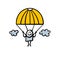 Funny stickman is flying down on a parachute in the sky among the clouds. Vector illustration of a brave man jumped out