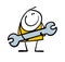 Funny stickman holds a wrench. Vector illustration of a worker with huge tool, cartoon skilled man capable of repairing
