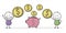 Funny stickman with piggy bank and dollars. Vector