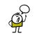 Funny stickman pointing up with finger and comics talking bubble.