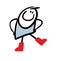 Funny stickman shows off new red rubber boots for autumn. Vector illustration of a character in fashionable shoes in bad