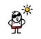 Funny stickman in swimming trunks and sunglasses enjoying sunny weather on the beach near swimming pool.