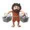 Funny stone age caveman character in 3d carrying rocks and stones in his shopping baskets, 3d illustration