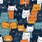 funny street cats with blue and orange colors background seamless pattern