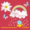 Funny stylized chicken in a blue hat in shape of cosmos flower and small newborn chicks in the rain of hearts on red background.