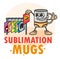 Funny sublimation mugs logo with cute funny cup. Image changing coffee mug template. For typography, print, corporate identity,