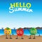 Funny summer banner with fruit characters. Vector illustration of cartoon yellow, red and green tomatos characters
