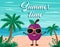 Funny summer beach background with plum fruit character. Cartoon style. Summer time postcard