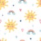 Funny sun and rainbow seamless pattern. Cute children texture. Kids nursery background in pastel colors. Baby shower