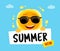 Funny sun with text Summer new. Yellow Cute sunshine cartoon character.