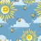 Funny suns. Pattern. Vector baby background. Sun, cloud and yellow ladybugs on blue sky background