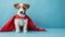 Funny superhero puppy in costume looking away on pastel background with copy space