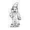 Funny sweet tooth gnome in hat eating many lollipops, hand drawn outline doodle sketch vector illustration