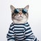 Funny Tabby Cat In Stylish Striped T-shirt And Shades