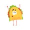 Funny taco cartoon character, meat and vegetables in a corn tortilla, traditional mexican fast food vector Illustration
