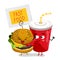 Funny take away glass and burger cartoon character