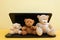 Funny teddy bears and laptop, copy space, yellow background