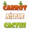 Funny textural word. Carrots, apple and cactus