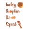 Funny Thanksgiving day phrase - turkey, pumpkin pie repeat decorated Thanksgiving food, hand holds wine greeting card