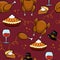 Funny Thanksgiving dinner pattern - hand drawn cartoon roasted turkey, pilgrim and wine pattern.