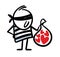 Funny thief in black mask and striped robe holds a bag of hearts.