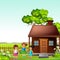 Funny Three Girls Playing Jump Rope In Front of Wood house In GRass Field Cartoon
