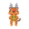 Funny Tiger Cub with Orange Fur and Stripes Wearing Deer Antler Holding Gift Box Vector Illustration