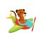 Funny tiger flying on multi-colored airplane. Cartoon orange wild animal with black stripes. Flat vector design for