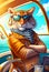 Funny tiger in a jacket and sunglasses traveling on a yacht. AI Generated