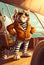 Funny tiger in a jacket and sunglasses traveling on a yacht. AI Generated