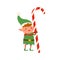 Funny tiny elf in green costume holding huge Christmas candy cane vector flat illustration. Cute Santa helper holding