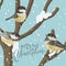 Funny Tits and bird feeder on winter tree under the snowfall. Vector Christmas card. For Christmas decoration, posters, banners,
